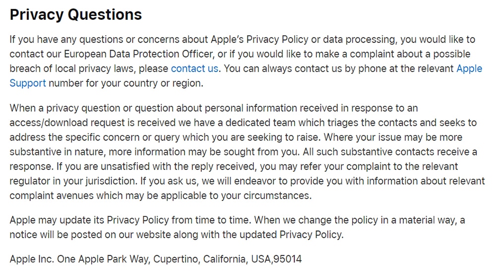 Apple Privacy Policy: Privacy Questions contact clause